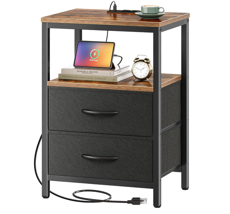 Nightstand with Charging Station, Side Table with Fabric Drawers, End Table with Open Shelf, Bedside Table with USB Ports and Outlets, Night Stand for Bedroom, Rustic Brown and Black