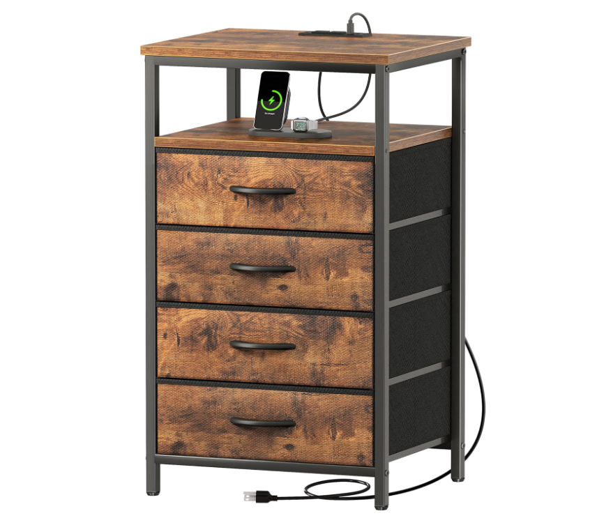 Night Stand with Charging Station, 4 Drawer Dresser for Bedroom, Bedside Table, 33.5 Inch Tall Nightstand with Open Shelf, End Table, for Closet, Entryway, Bedroom, Rustic Brown
