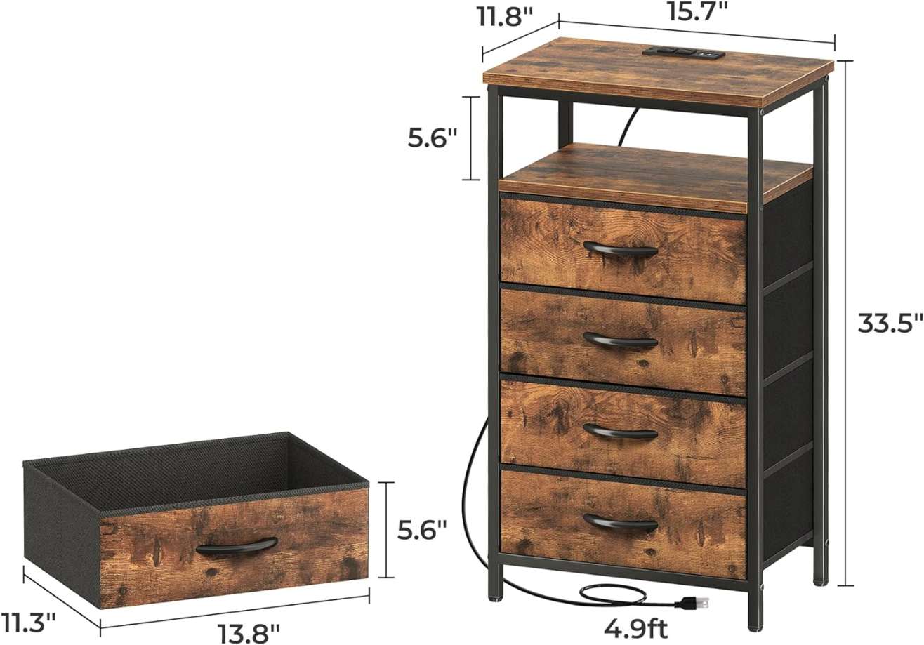 Night Stand with Charging Station, 4 Drawer Dresser for Bedroom, Bedside Table, 33.5 Inch Tall Nightstand with Open Shelf, End Table, for Closet, Entryway, Bedroom, Rustic Brown