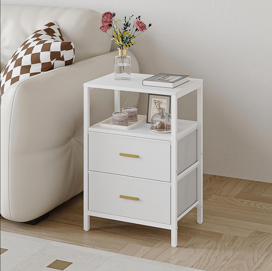 End Table, Nightstands with 2 Fabric Storage Drawers and Shelves, Side Table, Bedside Tables with Open Storage Shelf for Bedroom, Office, White NS30613W