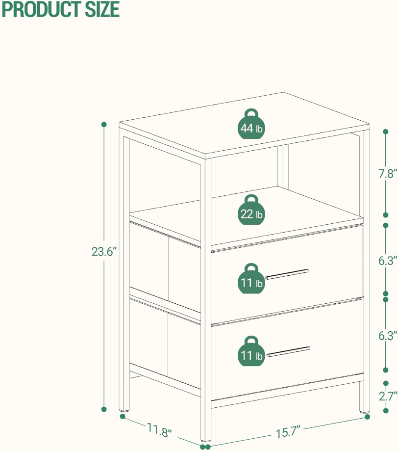 End Table, Nightstands with 2 Fabric Storage Drawers and Shelves, Side Table, Bedside Tables with Open Storage Shelf for Bedroom, Office, White NS30613W