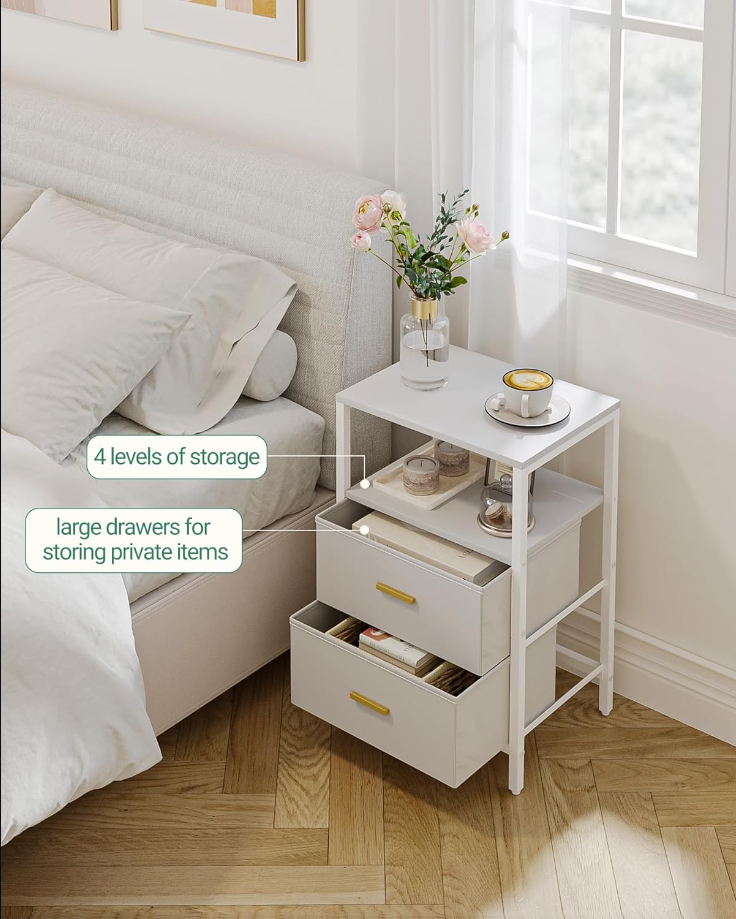 End Table, Nightstands with 2 Fabric Storage Drawers and Shelves, Side Table, Bedside Tables with Open Storage Shelf for Bedroom, Office, White NS30613W