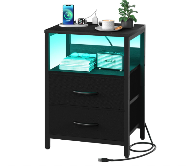 Nightstand with Charging Station, LED Night Stand with Fabric Drawers and Storage Shelf for Bedroom, Nightstands Bedside Tables with USB Ports & Outlets, Small Night Stands, Bed Side Table