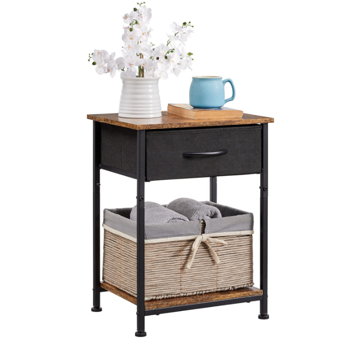 Nightstand, Bedside Table End Table for Bedroom Nursery Living Room - Removable Fabric Drawer, Open Storage Shelf, Sturdy Steel Frame, Durable Wood Top - Black/Rustic Brown