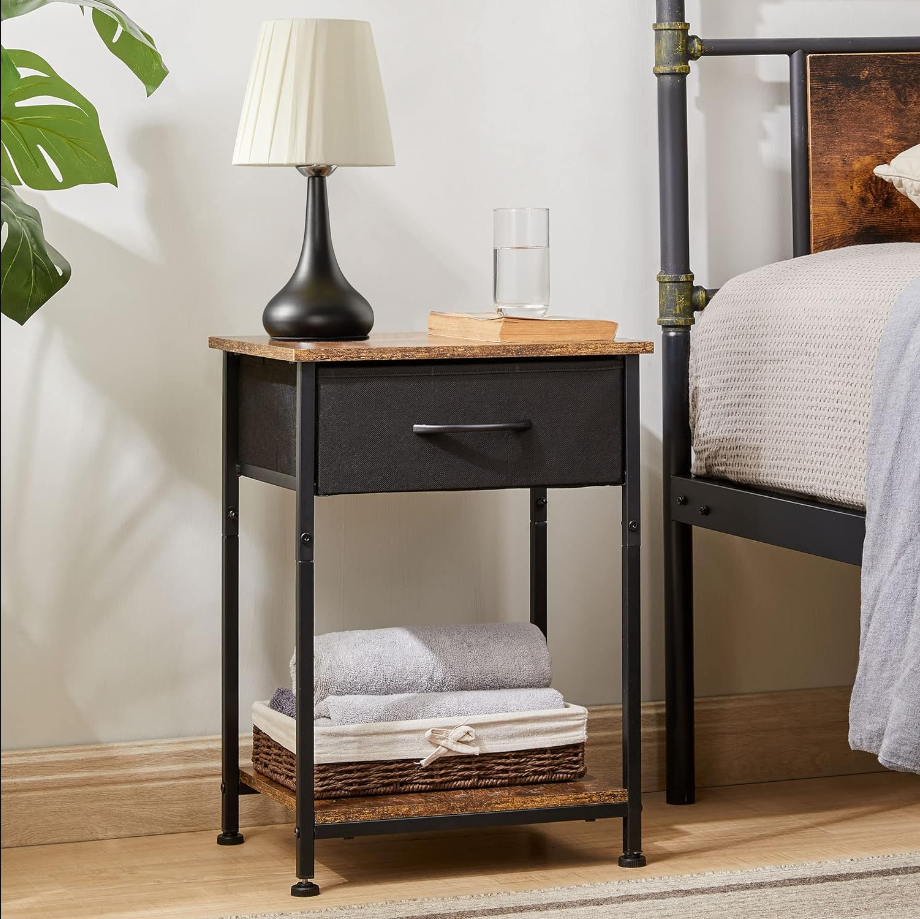 Nightstand, Bedside Table End Table for Bedroom Nursery Living Room - Removable Fabric Drawer, Open Storage Shelf, Sturdy Steel Frame, Durable Wood Top - Black/Rustic Brown