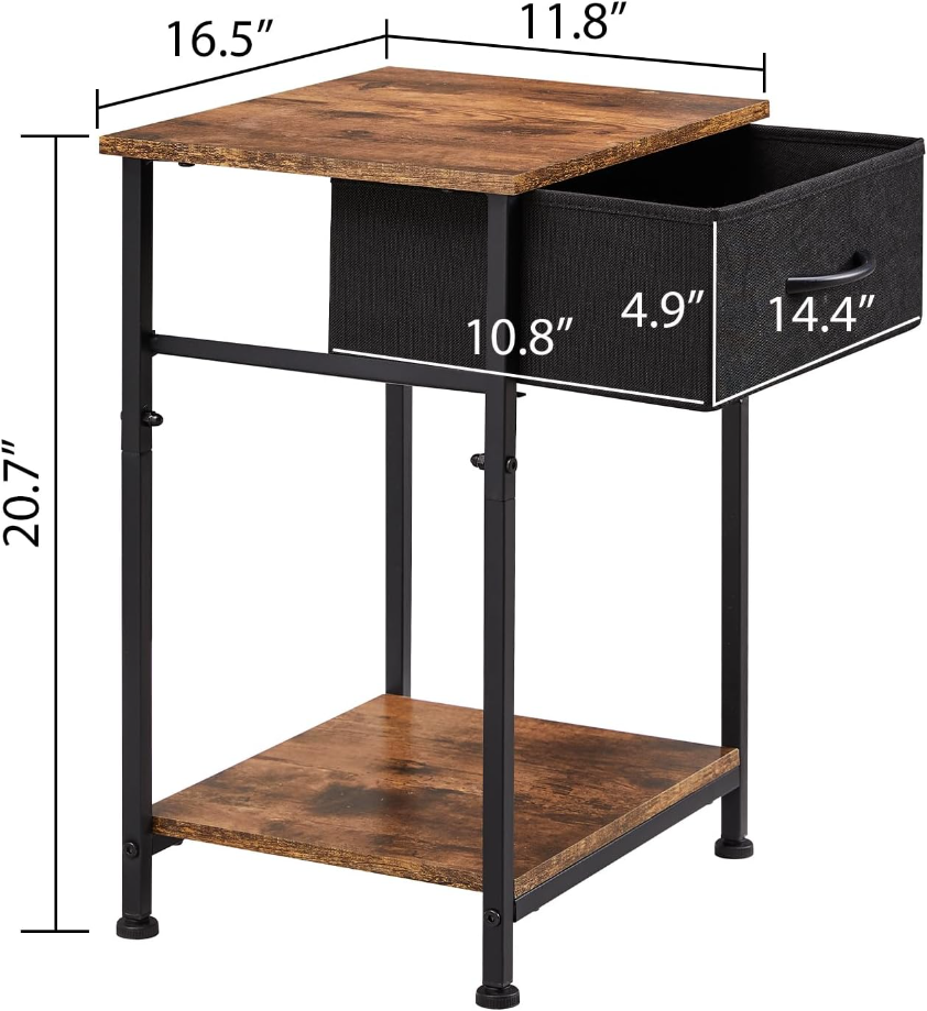 Nightstand, Bedside Table End Table for Bedroom Nursery Living Room - Removable Fabric Drawer, Open Storage Shelf, Sturdy Steel Frame, Durable Wood Top - Black/Rustic Brown