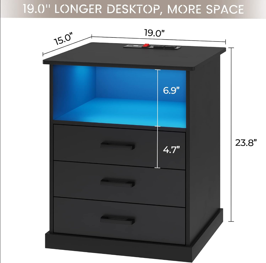 Nightstand with Charging Station and LED Lights, Large Bedside Table with 3 Storage Drawer, Black Night Stand for Bedroom, Wider Tabletop 19.0''(L) x 15.0''(W)