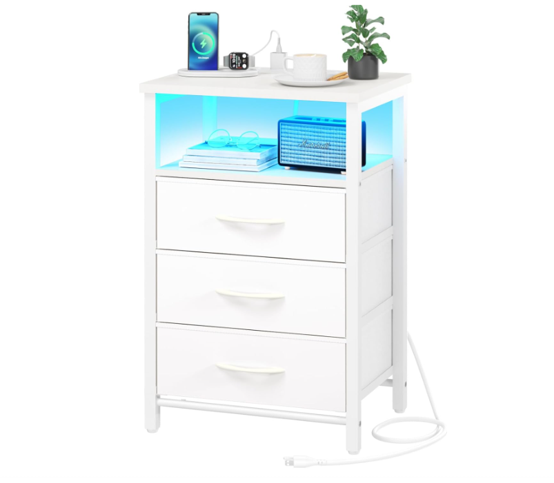 Night Stand with Charging Station, 16 Colors LED Nightstand with USB Ports and Outlets, End Table with 3 Fabric Drawers and Storage Shelf, Bedside Tables Small Dresser for Small Space White