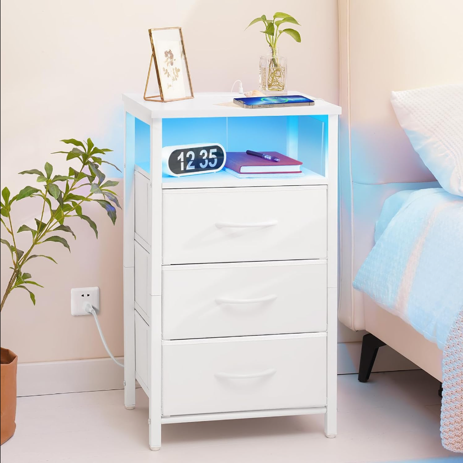 Night Stand with Charging Station, 16 Colors LED Nightstand with USB Ports and Outlets, End Table with 3 Fabric Drawers and Storage Shelf, Bedside Tables Small Dresser for Small Space White