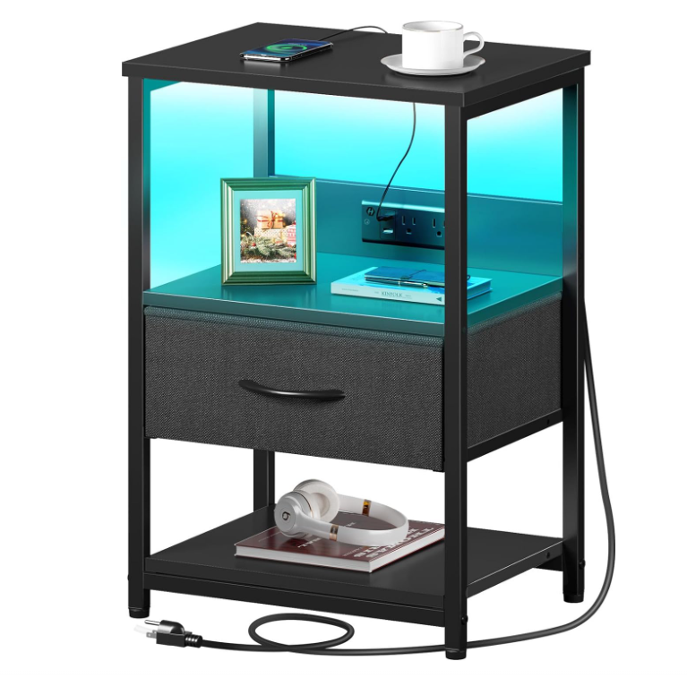 Nightstand with Charging Station, LED Bedside Table with Adjustable Fabric Drawer, Night Stand with Storage, 3-Tier Bed Side Table, End Table for Bedroom, Living Room, Black