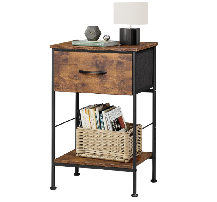Nightstand, End Table with Fabric Storage Drawer and Open Wood Shelf, Bedside Furniture with Steel Frame, Side Table for Bedroom, Dorm, Easy Assembly, Rustic Brown Wood Grain Print, 25" Height
