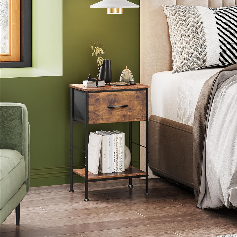 Nightstand, End Table with Fabric Storage Drawer and Open Wood Shelf, Bedside Furniture with Steel Frame, Side Table for Bedroom, Dorm, Easy Assembly, Rustic Brown Wood Grain Print, 25" Height