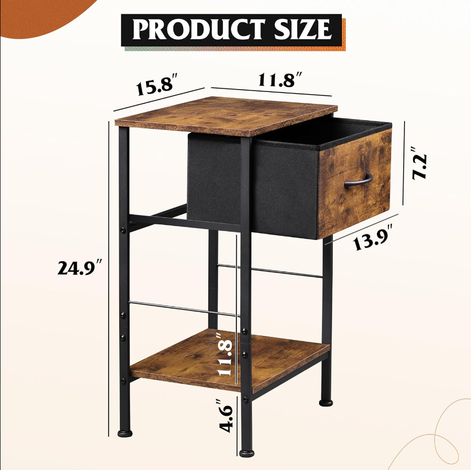 Nightstand, End Table with Fabric Storage Drawer and Open Wood Shelf, Bedside Furniture with Steel Frame, Side Table for Bedroom, Dorm, Easy Assembly, Rustic Brown Wood Grain Print, 25" Height
