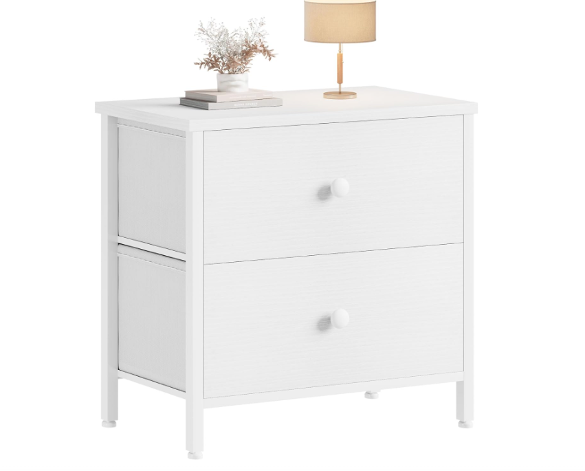 White Nightstand 2 Drawer for Bedroom,Small Night Stand with Fabric Drawers End Table Modern