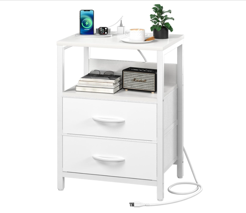 Nightstand with Charging Station, Small Night Stand with Fabric Drawers and Storage Shelf for Bedrooms, Nightstands for Small Spaces, Bedside Table with USB Ports & Outlets, Bed Side Table