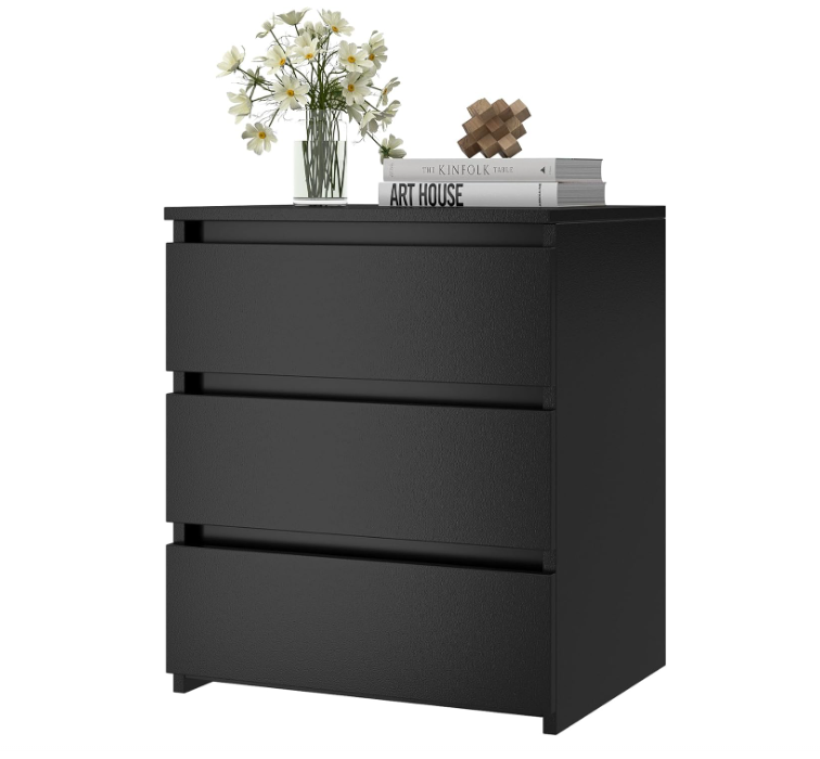 Black Nightstand with 3 Drawers, Black Bedside Table Night Stand for Bedroom with Cut-Out Handle, Sofa Side Table 3 Drawer Nightstand for Bedroom, 17.7W*15D*21.7H