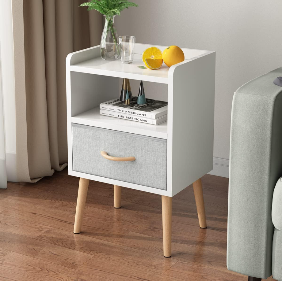 NightStand with Fabric Drawer, Bedside Table with Solid Wood Legs, Minimalist and Practical End Side Table with Open Storage Shelf for Bedroom, White.
