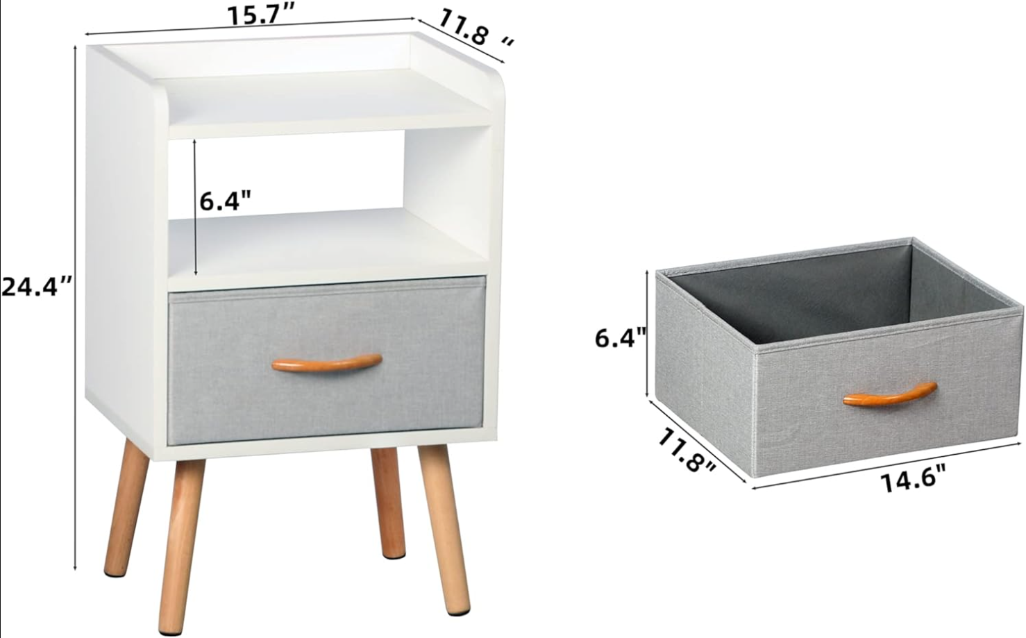 NightStand with Fabric Drawer, Bedside Table with Solid Wood Legs, Minimalist and Practical End Side Table with Open Storage Shelf for Bedroom, White.