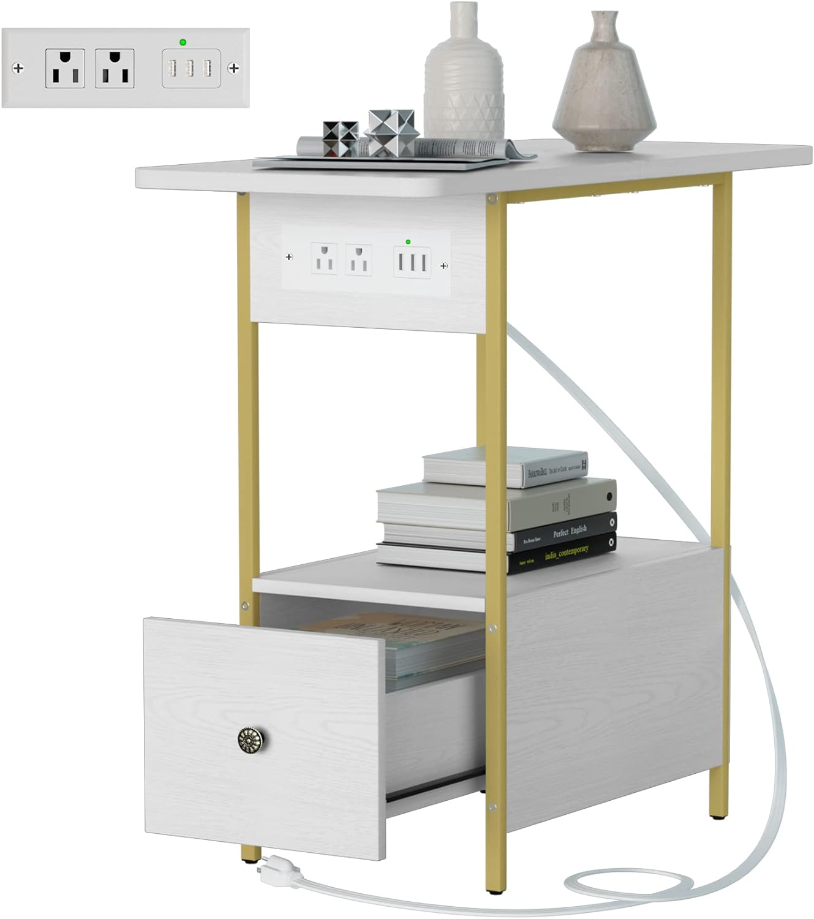 End Table with Charging Station, Side Table with 5 USB Ports and Outlets, Nightstand for Small Space, Bedside Table with Wooden Drawer for Living Room/Bedroom, White