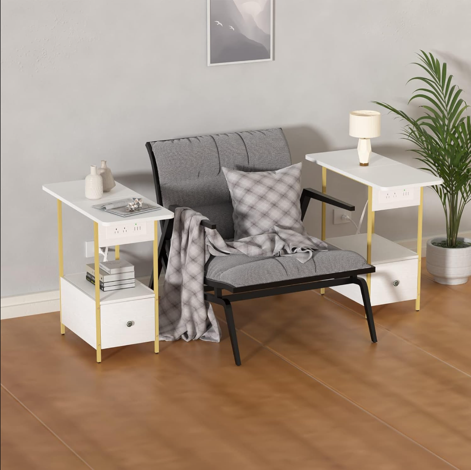 End Table with Charging Station, Side Table with 5 USB Ports and Outlets, Nightstand for Small Space, Bedside Table with Wooden Drawer for Living Room/Bedroom, White