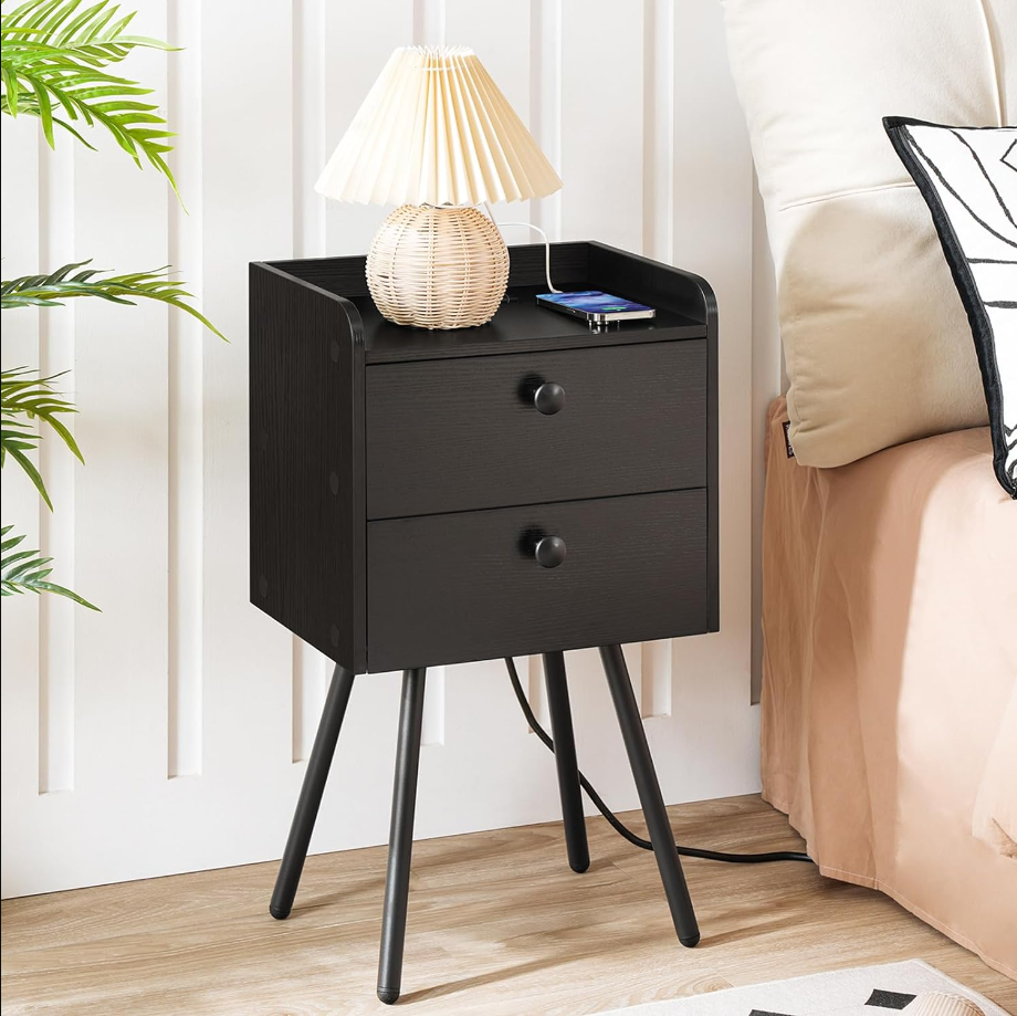 Nightstand with Charging Station, Modern Side Table with 2 Drawers, Stylish Sofa Side Table, Multiple Charging Ports, Metal Legs, Sofa Bedside Table, for Bedroom, Black