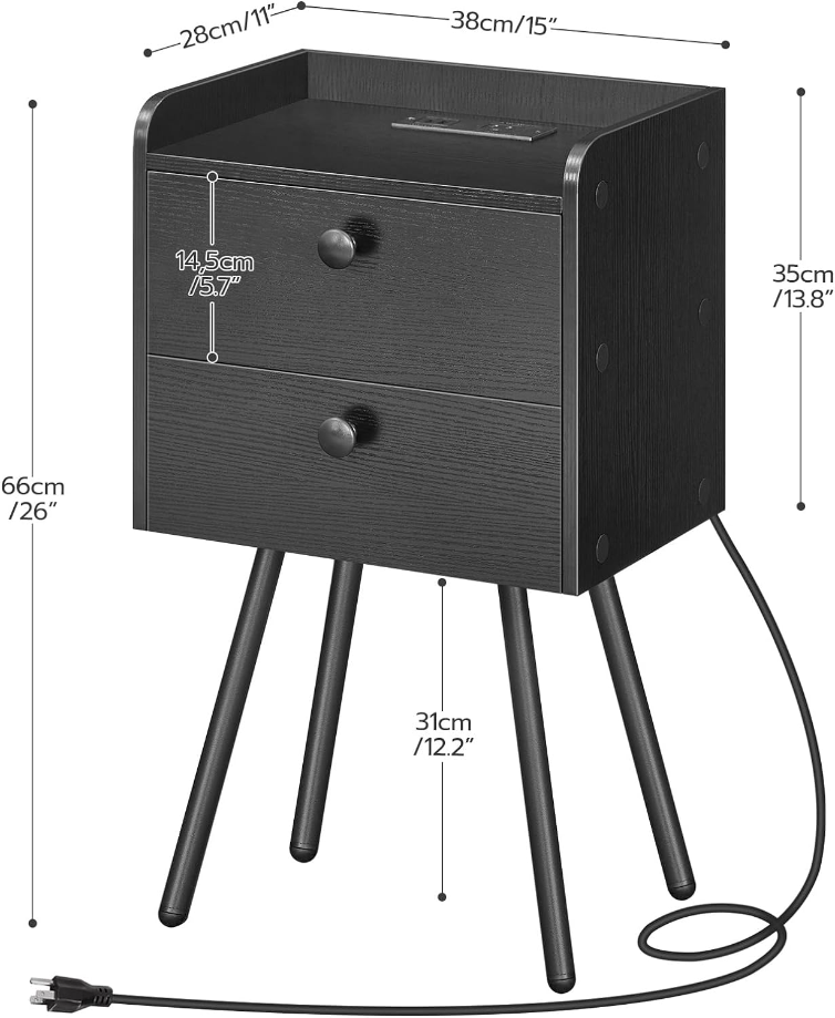 Nightstand with Charging Station, Modern Side Table with 2 Drawers, Stylish Sofa Side Table, Multiple Charging Ports, Metal Legs, Sofa Bedside Table, for Bedroom, Black