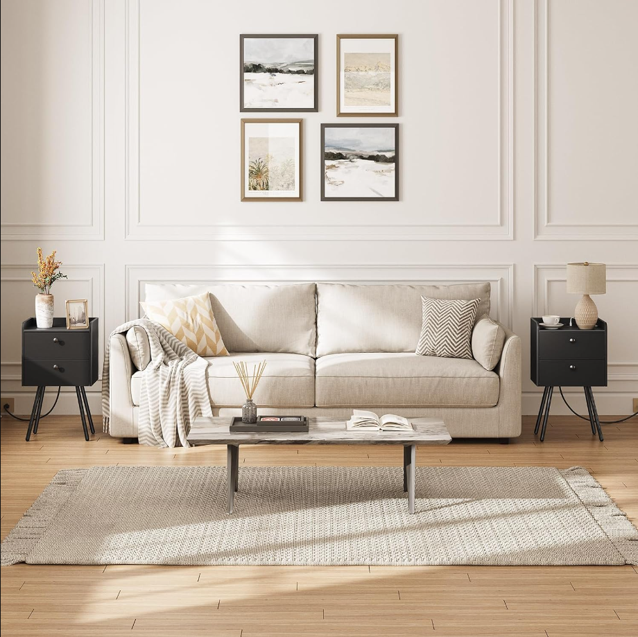 Nightstand with Charging Station, Modern Side Table with 2 Drawers, Stylish Sofa Side Table, Multiple Charging Ports, Metal Legs, Sofa Bedside Table, for Bedroom, Black