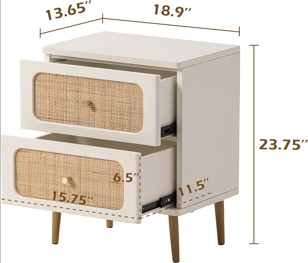 Wicker Rattan Nightstand, 2-Drawer End Table White Finish Side Table for Small Spaces, Modern Farmhouse Wooden Bedside Table, Boho Mid-Century Coastal Storage Cabinet