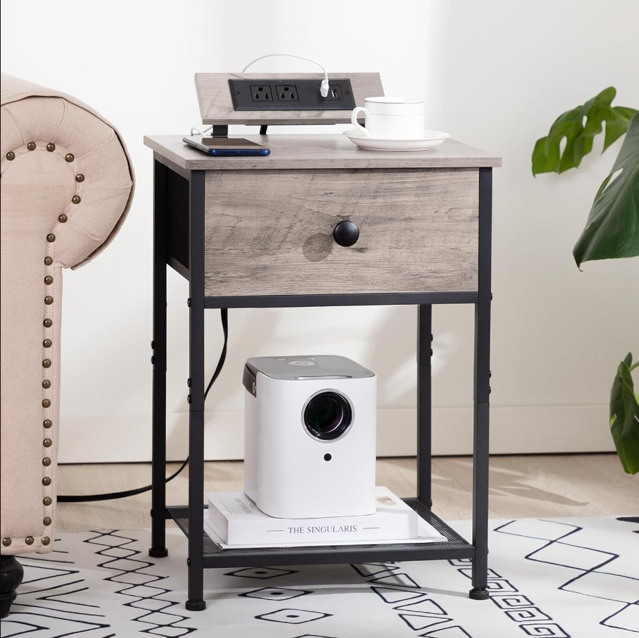 Night Stand Set 2, Small Nightstands with Charging Station, End Tables with USB Ports & Outlets, Slim Bedside Table with Fabric Drawer for Bedroom, Small Spaces, Gerige, HET03SDPGY