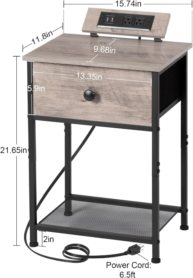 Night Stand Set 2, Small Nightstands with Charging Station, End Tables with USB Ports & Outlets, Slim Bedside Table with Fabric Drawer for Bedroom, Small Spaces, Gerige, HET03SDPGY