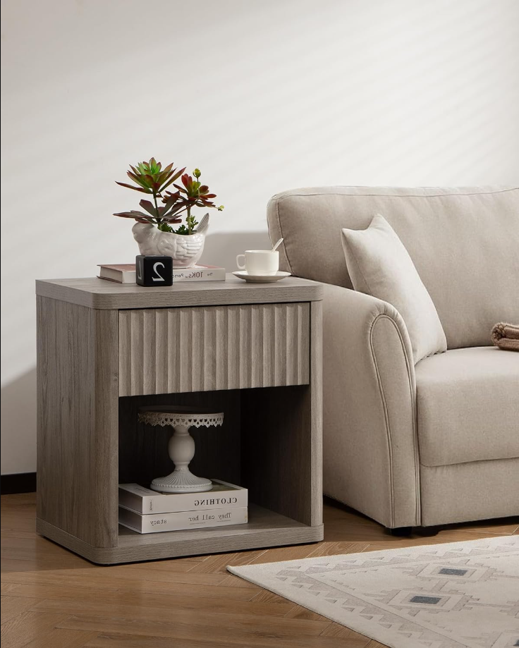 Night Stand Nightstand with Drawer Storage Bed Side Table End Table Large Modern Wood Wide Bedside Stand Mid Century Night Stands for Bedroom Living Room Sofa Couch Home Office (Grey)