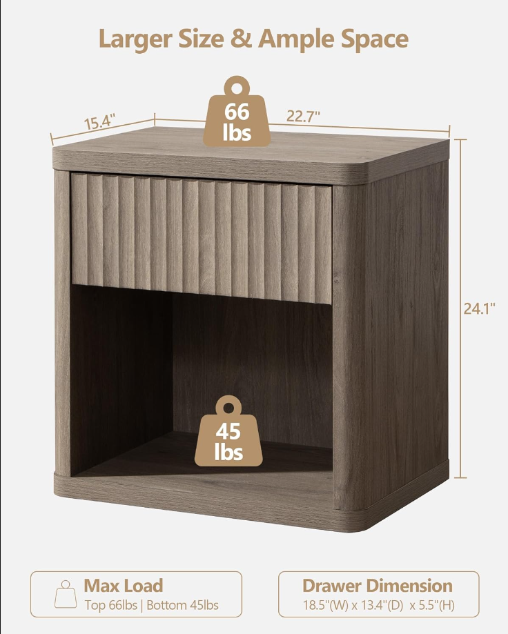 Night Stand Nightstand with Drawer Storage Bed Side Table End Table Large Modern Wood Wide Bedside Stand Mid Century Night Stands for Bedroom Living Room Sofa Couch Home Office (Grey)