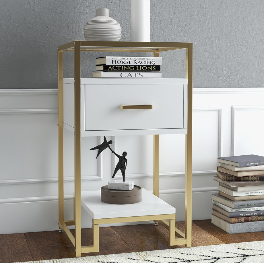 Nightstand, End Table with Storage Drawer and 3-Tier Storage & Tempered Glass Top, Mid Century Modern Bedside Furniture with Steel Frame for Bedroom, Dorm, Easy Assembly, White & Gold
