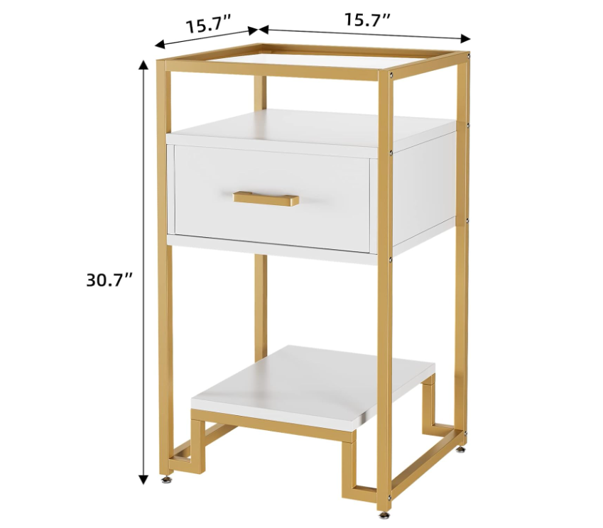 Nightstand, End Table with Storage Drawer and 3-Tier Storage & Tempered Glass Top, Mid Century Modern Bedside Furniture with Steel Frame for Bedroom, Dorm, Easy Assembly, White & Gold