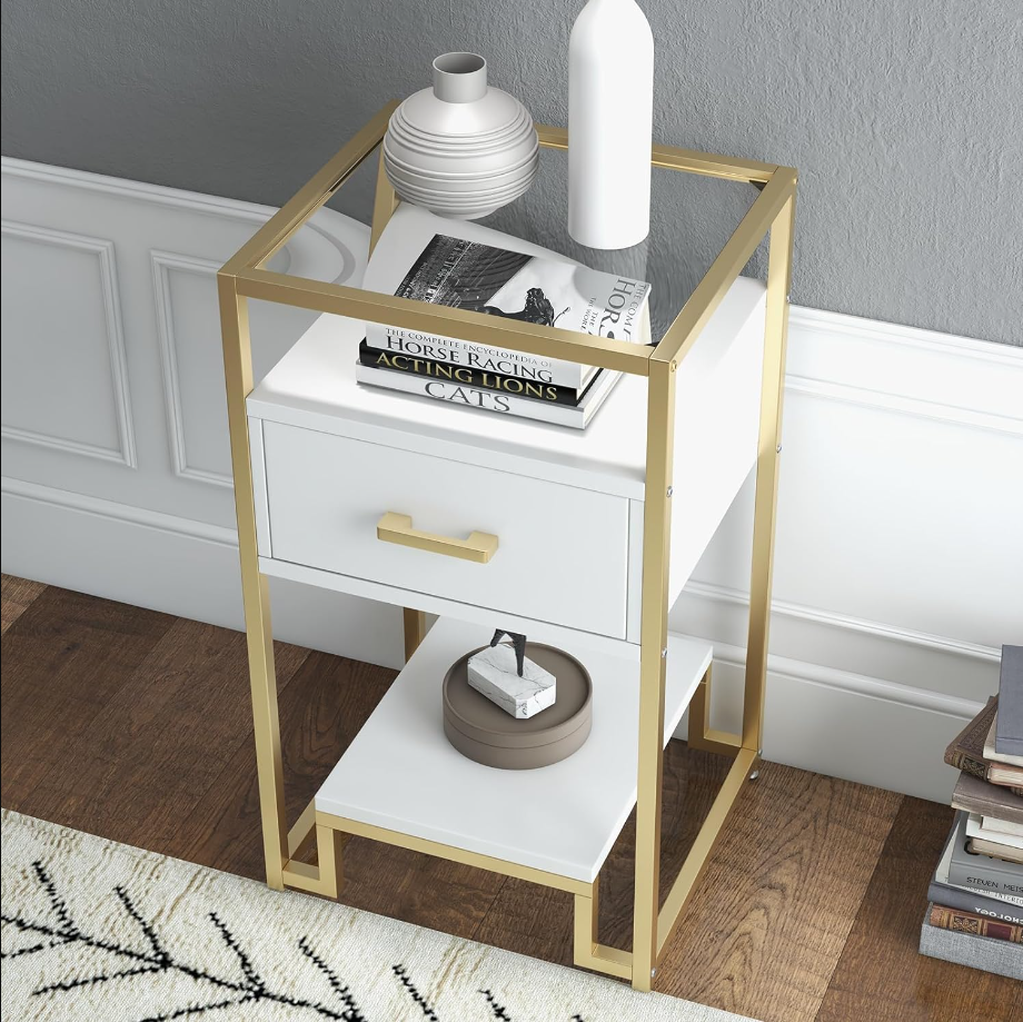 Nightstand, End Table with Storage Drawer and 3-Tier Storage & Tempered Glass Top, Mid Century Modern Bedside Furniture with Steel Frame for Bedroom, Dorm, Easy Assembly, White & Gold