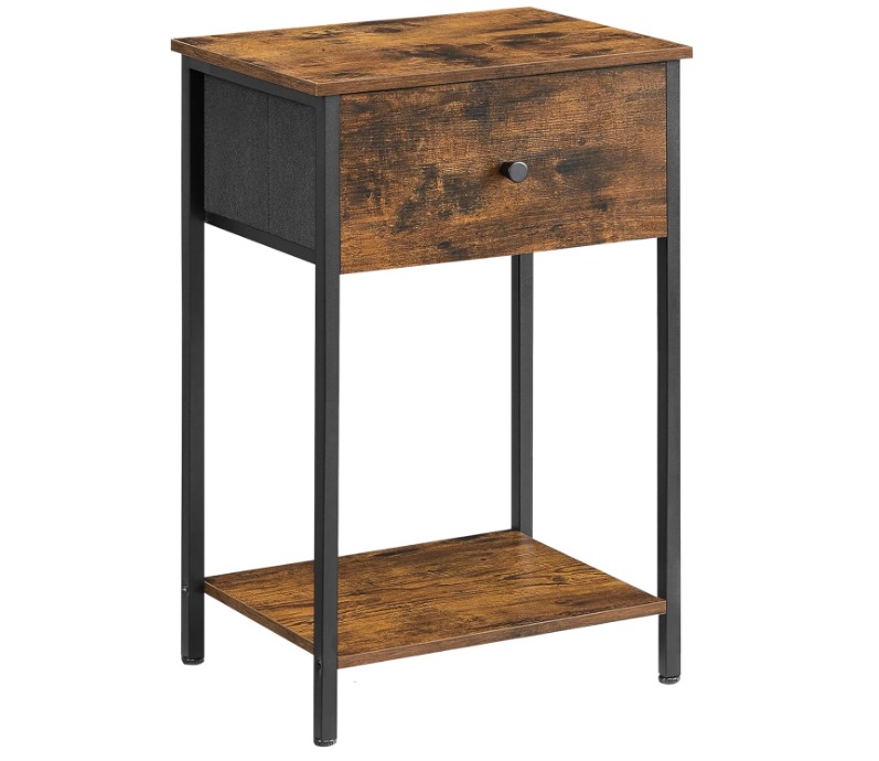 Nightstand, Side Table with Fabric Drawer, 24-Inch Tall End Table with Storage Shelf, Bedroom, Rustic Brown and Black 