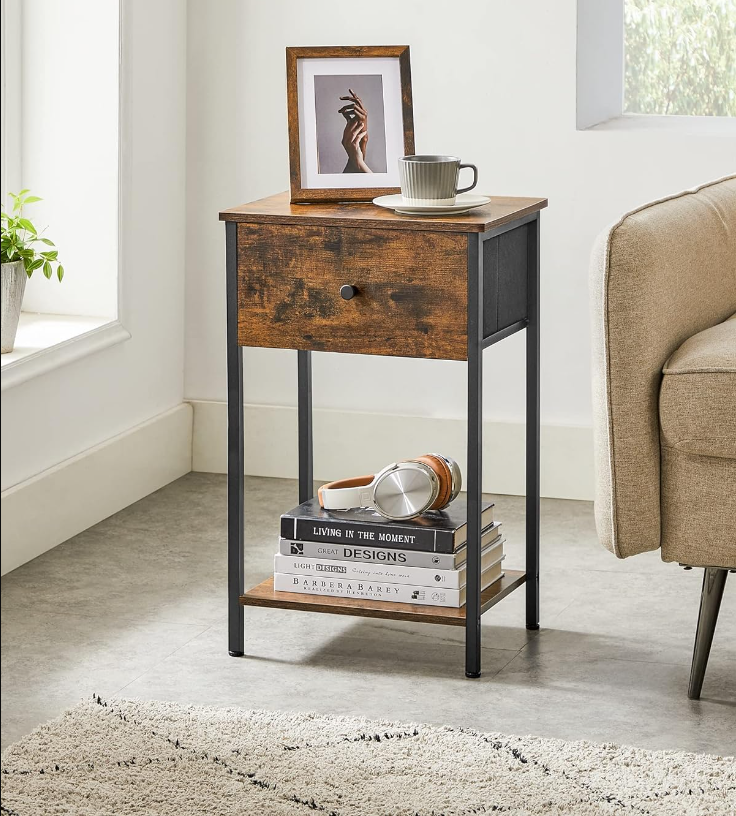 Nightstand, Side Table with Fabric Drawer, 24-Inch Tall End Table with Storage Shelf, Bedroom, Rustic Brown and Black 