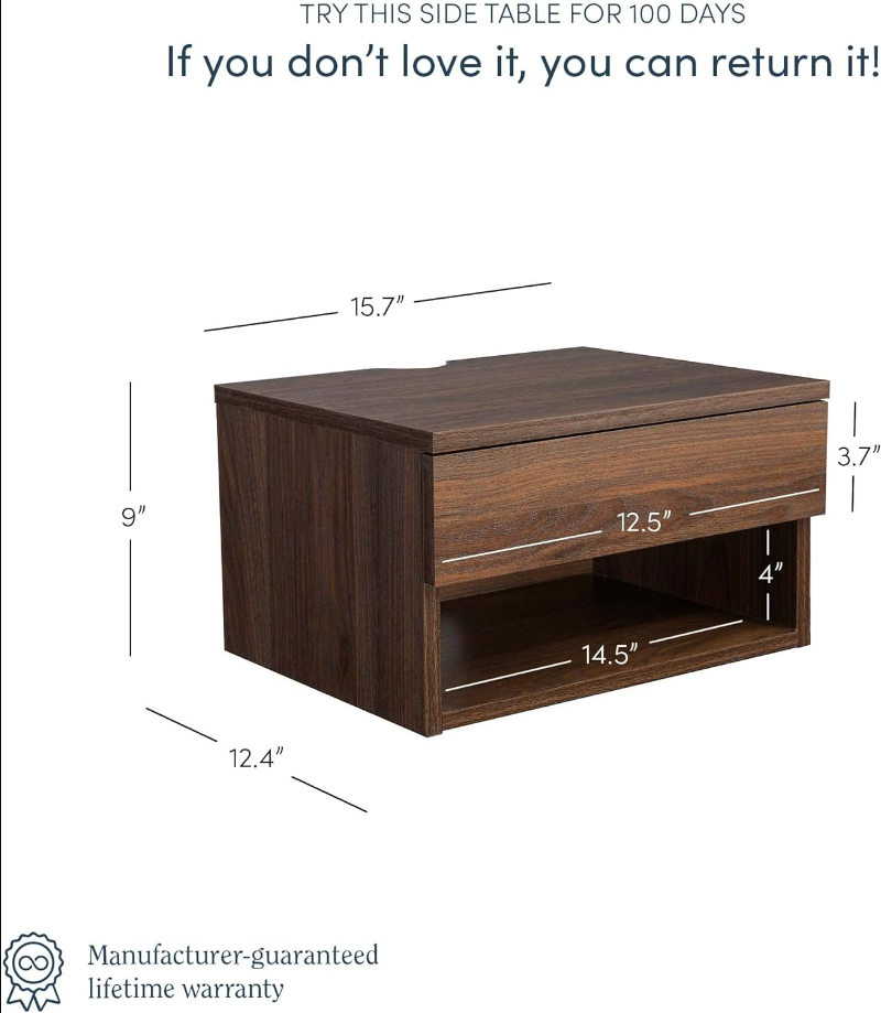 Jackson Modern Floating Bedside Nightstand with Drawer, 1, Brown Walnut