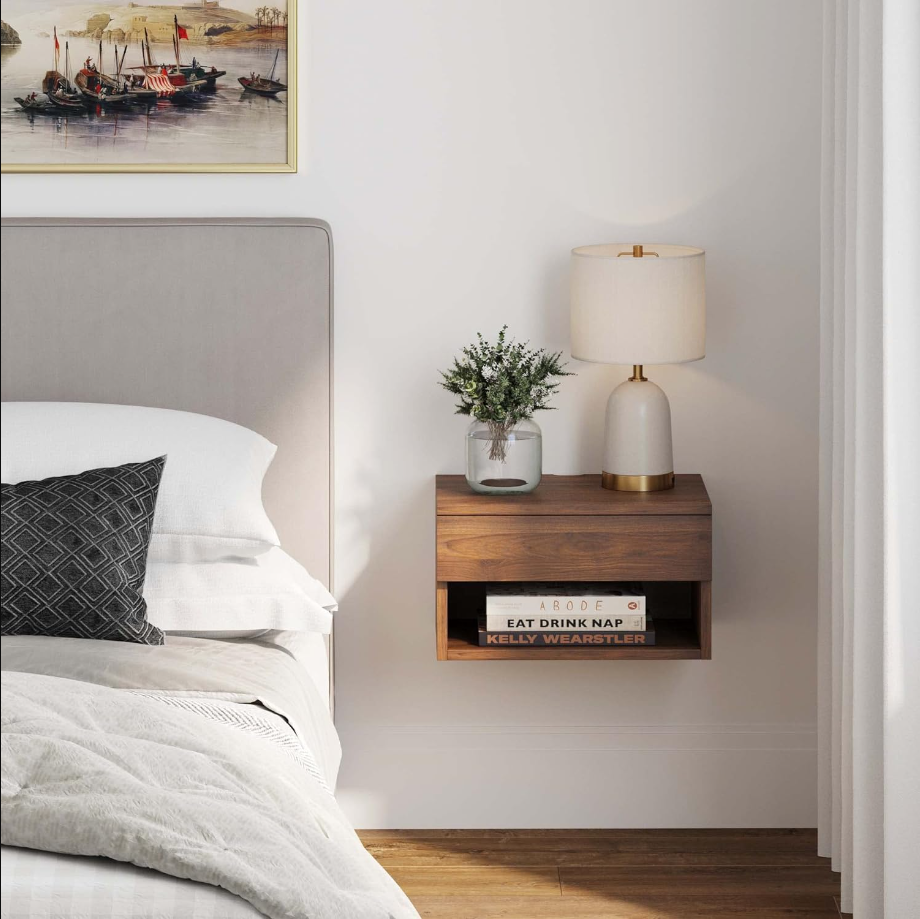 Jackson Modern Floating Bedside Nightstand with Drawer, 1, Brown Walnut