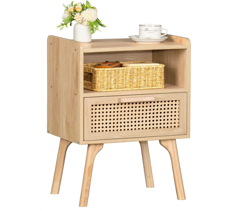 Rattan Nightstand, Boho Side Table with Drawer Open Shelf, Cane Accent Bedside End Table with Solid Wood Legs for Bedroom, Dorm and Small Spaces (Natural)