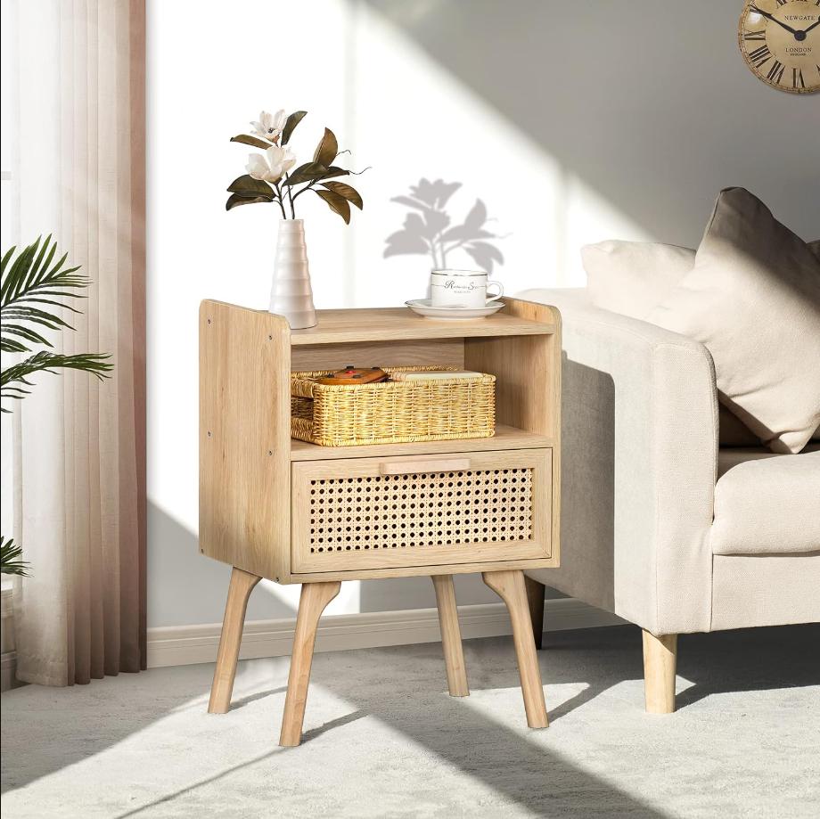 Rattan Nightstand, Boho Side Table with Drawer Open Shelf, Cane Accent Bedside End Table with Solid Wood Legs for Bedroom, Dorm and Small Spaces (Natural)