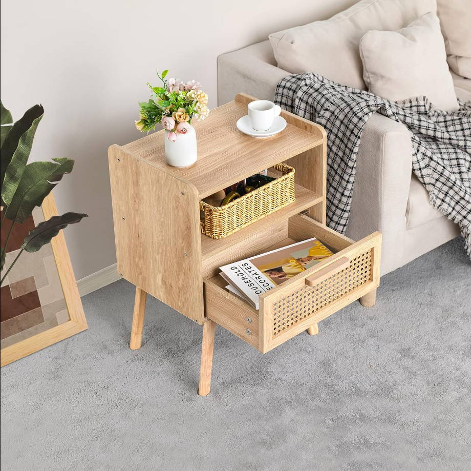 Rattan Nightstand, Boho Side Table with Drawer Open Shelf, Cane Accent Bedside End Table with Solid Wood Legs for Bedroom, Dorm and Small Spaces (Natural)