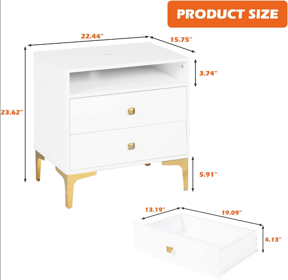Nightstands Set of 2 with Wireless Charging Function Wooden Night Stands 2 Sets with Drawers and Open Shelf Storage End Table Home Bedside Table for Bedroom (White 2 Sets)