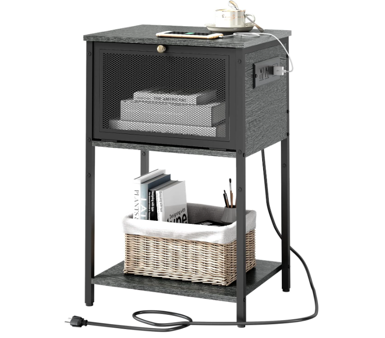 Nightstand with Charging Station and USB Ports, Night Stand with Flip Drawer and Open Storage Shelf,Bedside Table for Small Spaces,Side End Table for Bedroom,Living Room-Grey