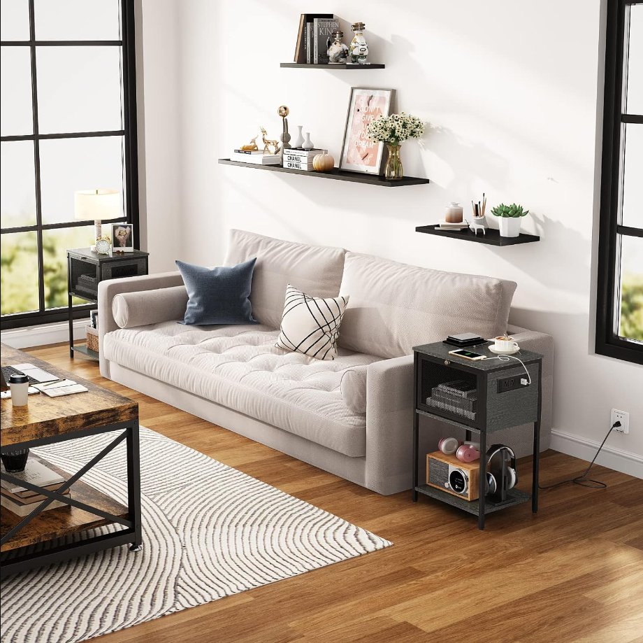 Nightstand with Charging Station and USB Ports, Night Stand with Flip Drawer and Open Storage Shelf,Bedside Table for Small Spaces,Side End Table for Bedroom,Living Room-Grey