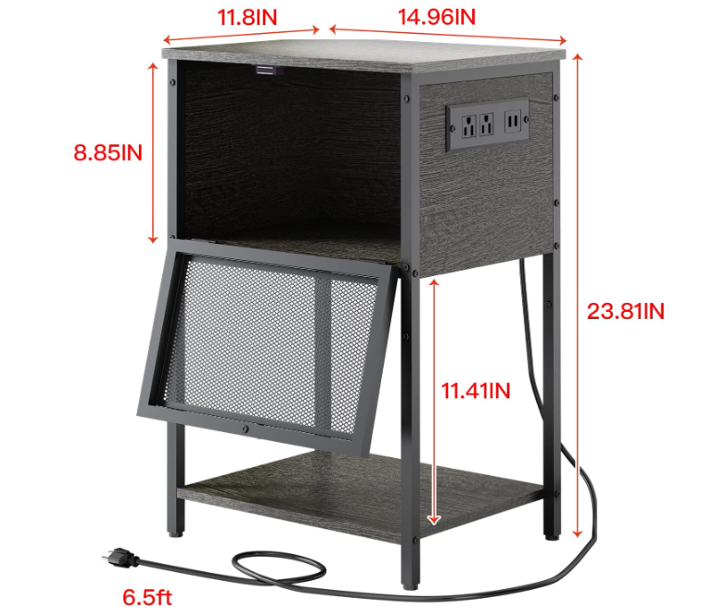 Nightstand with Charging Station and USB Ports, Night Stand with Flip Drawer and Open Storage Shelf,Bedside Table for Small Spaces,Side End Table for Bedroom,Living Room-Grey