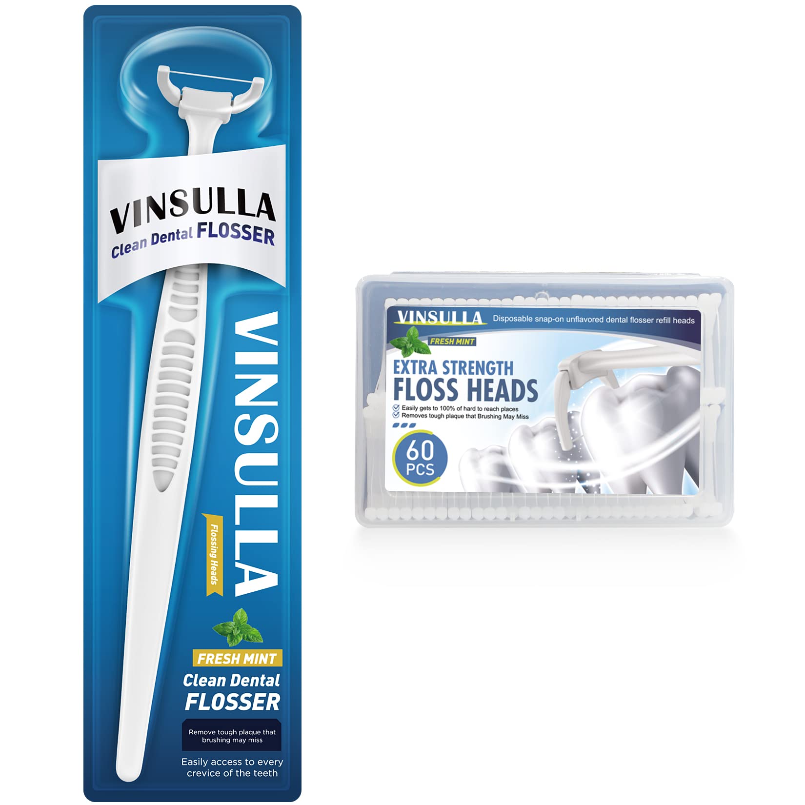 Dental Floss Clean Dental Flossers Kit with 1 Handles and 60 flosser Refill Heads Cool Mint Flavor