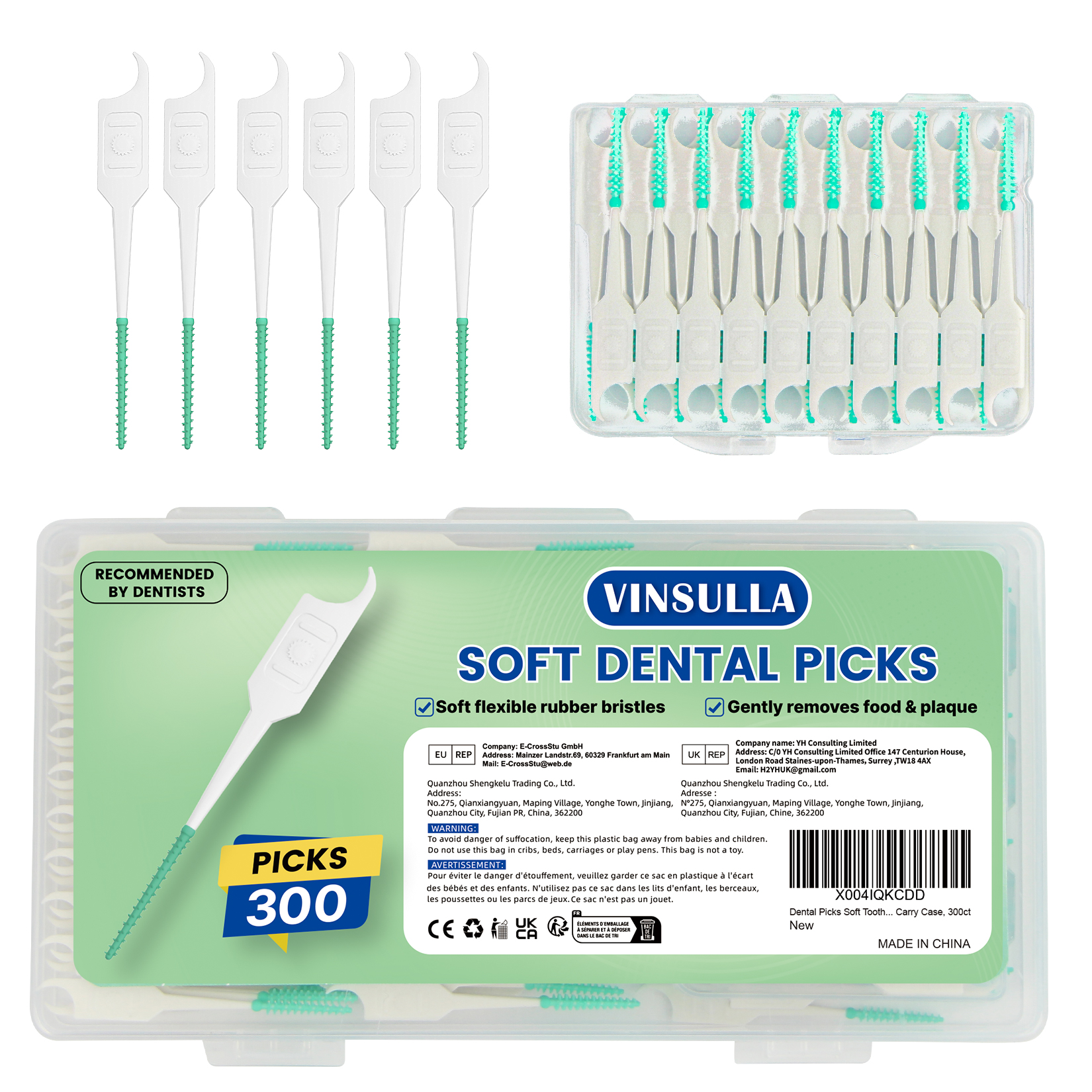 Dental Picks Soft Tooth Picks for Teeth Cleaning, Easy to Use Disposable Interdental Brushes with Convenient Carry Case (Green, 300 Count)