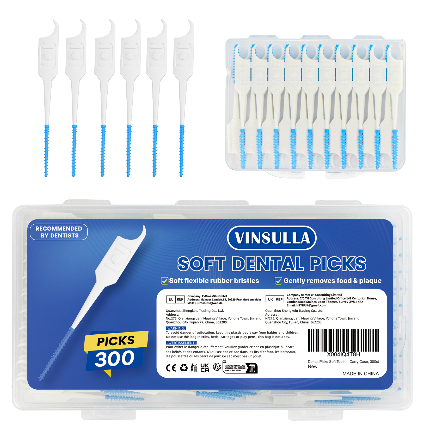 Dental Picks Soft Tooth Picks for Teeth Cleaning, Easy to Use Disposable Interdental Brushes with Convenient Carry Case (Blue, 300 Count)