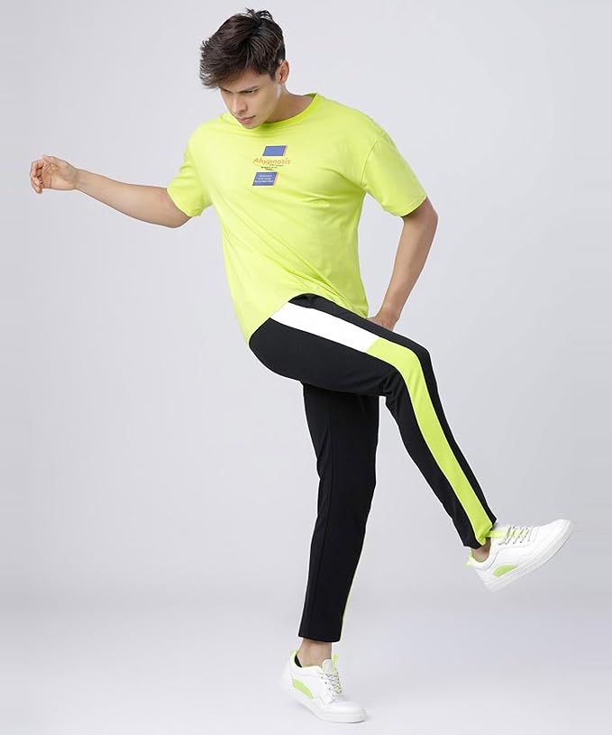SWADESI STUFF Dry Fit Track Pant for Men | Black Neon Slim Fit Running Gym Stretchable Jogger